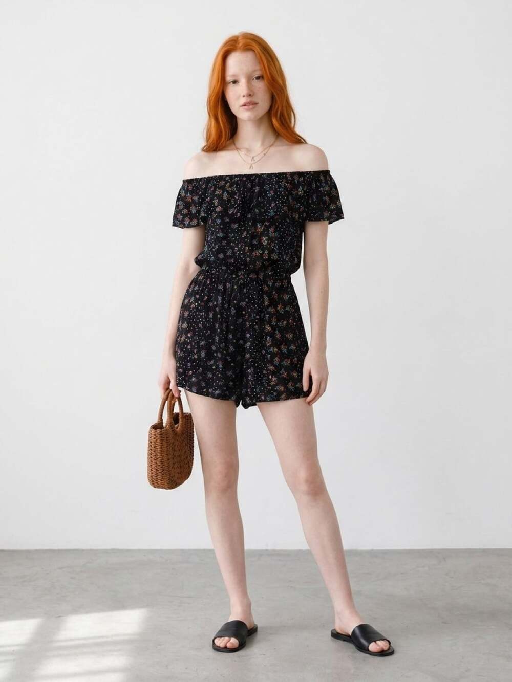 Free People Pretty And Free Off The Shoulder Black Floral Romper